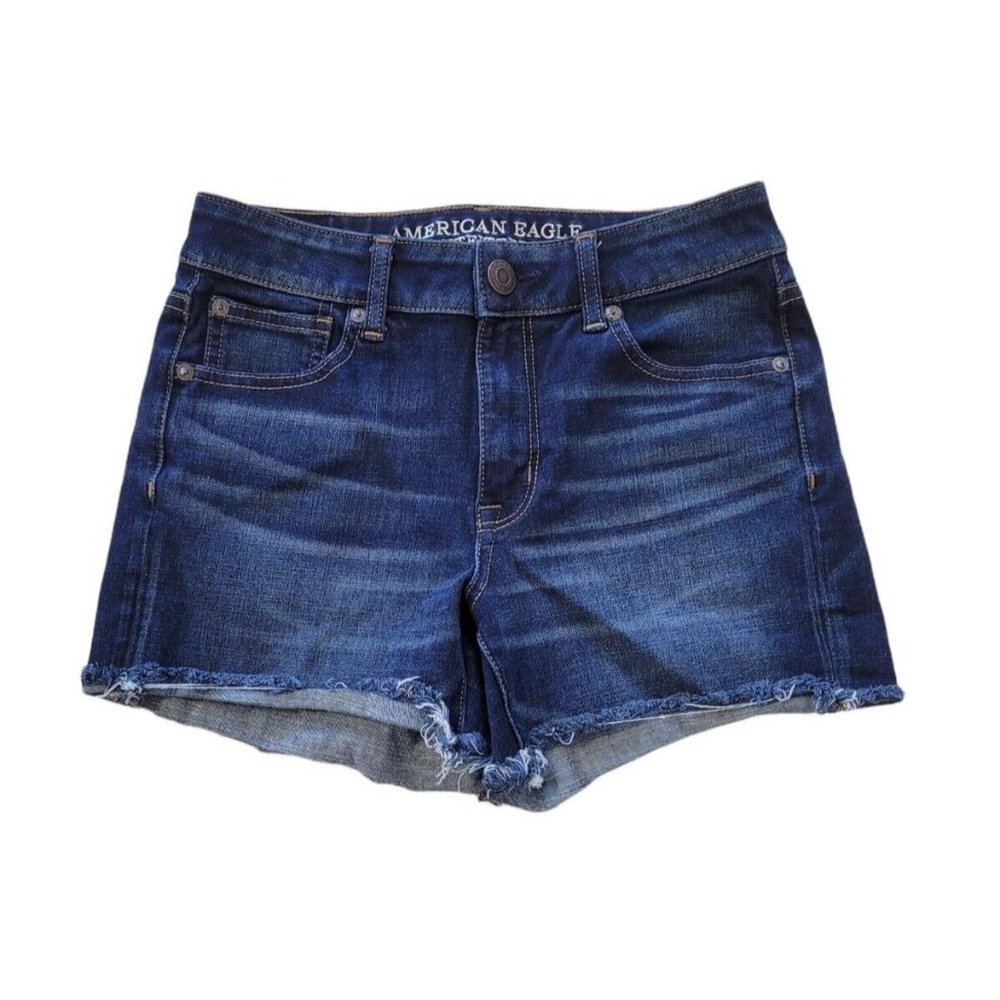 American Eagle Womens Sz 2 Hi-Rise Shortie Super Stretch Dark Wash Denim Shorts